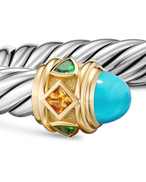 Womens Renaissance® Cable Flex® Bracelet in Sterling Silver with 14K Yellow Gold, Turquoise, Madeira Citrine and Tsavorites, 9mm