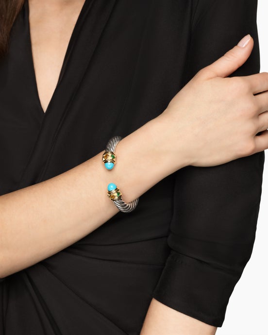 Bracelet Cable Flex® Renaissance® en argent massif avec or jaune 14 carats, turquoise, citrine de Madère et tsavorites, 9 mm