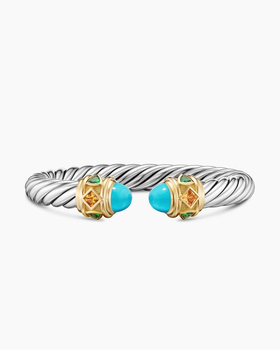 Renaissance® Cable Flex® Bracelet in Sterling Silver with 14K Yellow Gold, Turquoise, Madeira Citrine and Tsavorites, 9mm