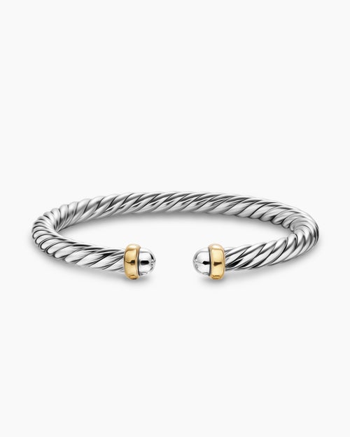 Womens Cable Flex Bracelet in Sterling Silver with 14K Yellow Gold, 6mm