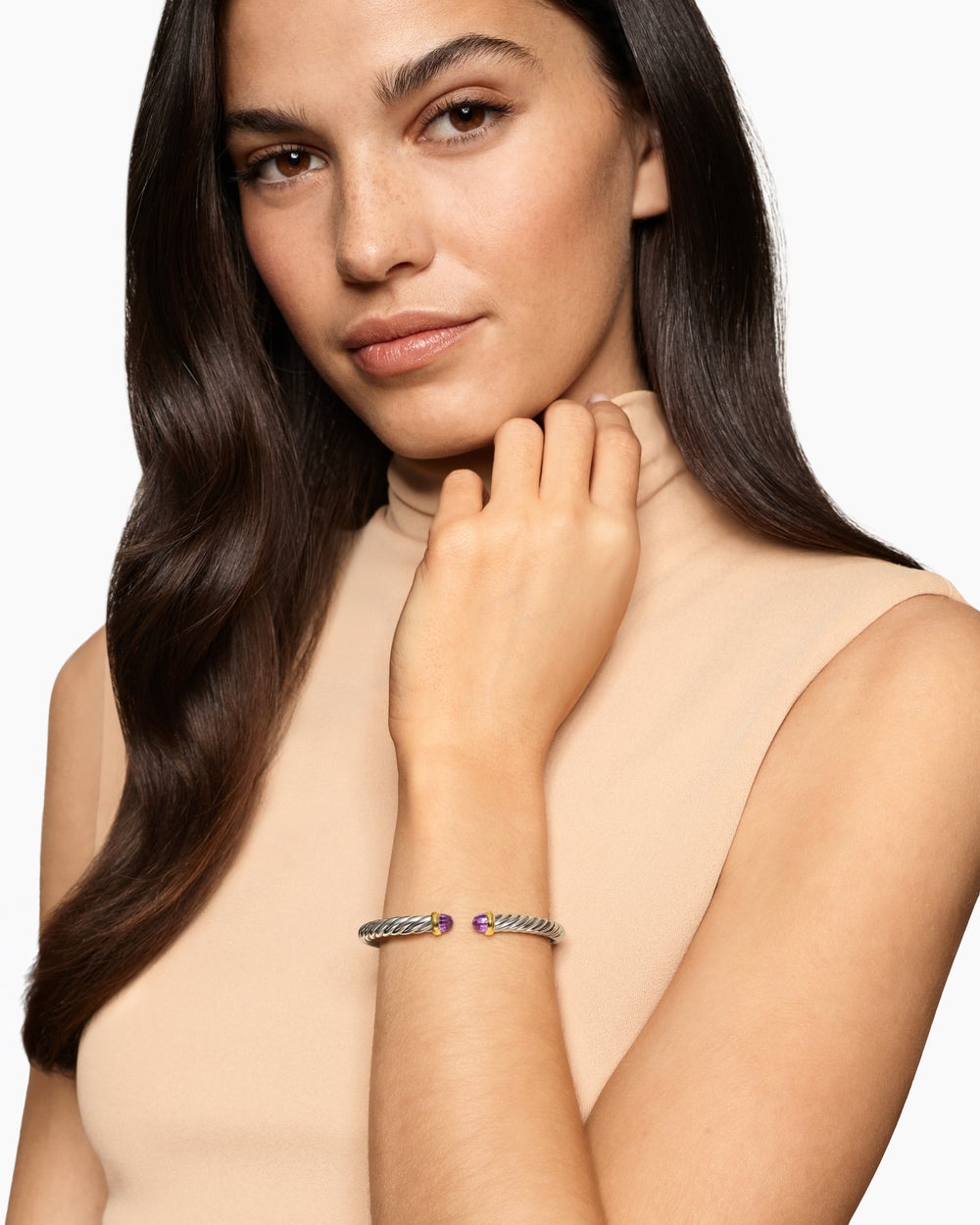 Womens Cable Flex® Bracelet in Sterling Silver with 14K Yellow Gold and Amethyst, 6mm