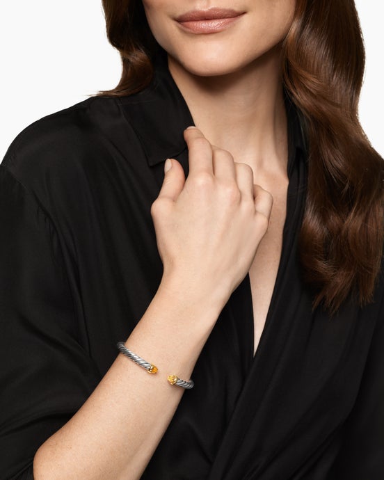 Cable Flex® Bracelet in Sterling Silver with 14ct Yellow Gold and Citrine, 6mm