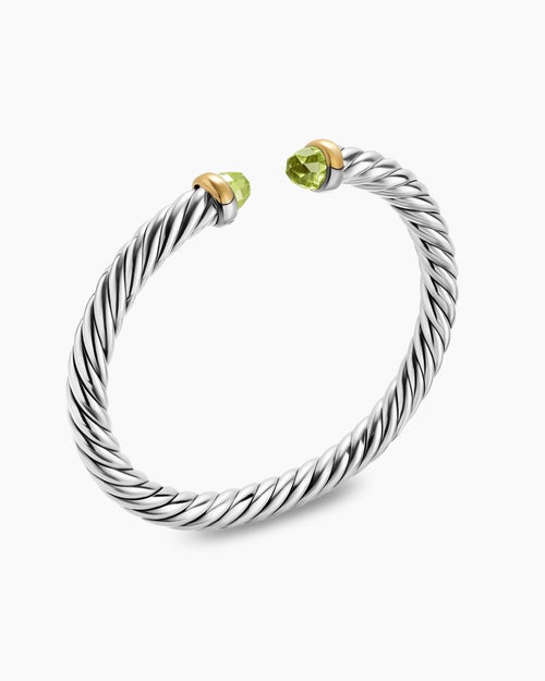 Womens Cable Flex® Bracelet in Sterling Silver with 14K Yellow Gold and Peridot, 6mm