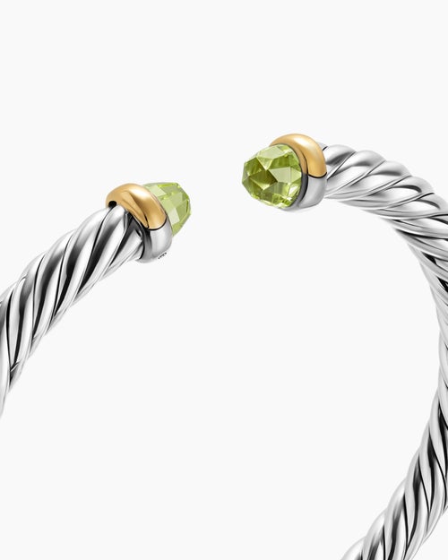 Womens Cable Flex® Bracelet in Sterling Silver with 14K Yellow Gold and Peridot, 6mm