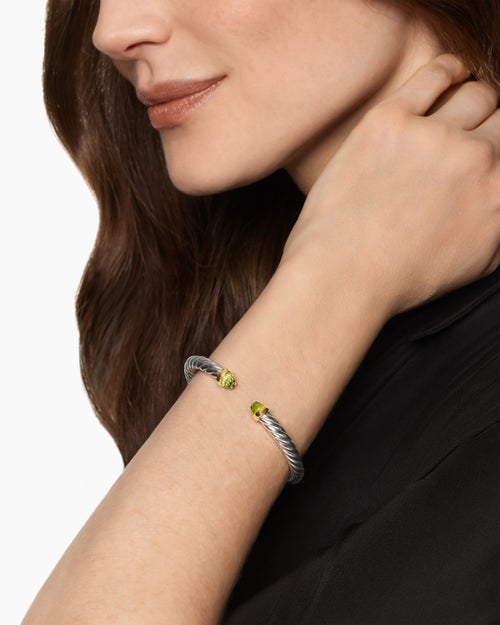 Womens Cable Flex® Bracelet in Sterling Silver with 14K Yellow Gold and Peridot, 6mm