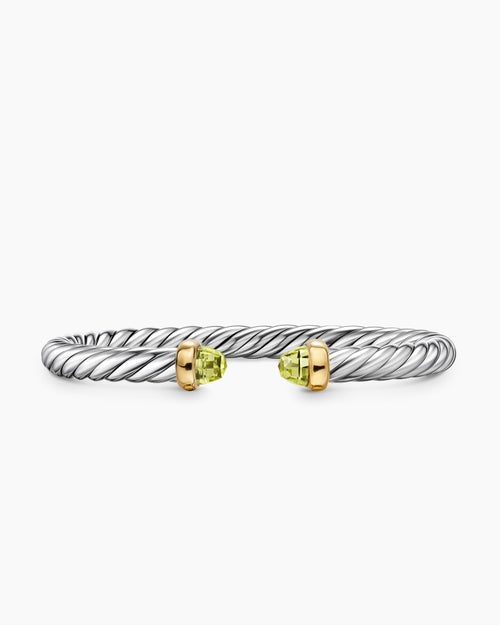 Womens Cable Flex® Bracelet in Sterling Silver with 14K Yellow Gold and Peridot, 6mm