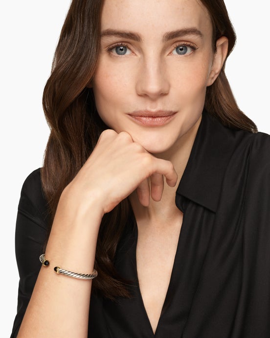 Cable Flex® Bracelet in Sterling Silver with 14ct Yellow Gold and Black Onyx, 6mm