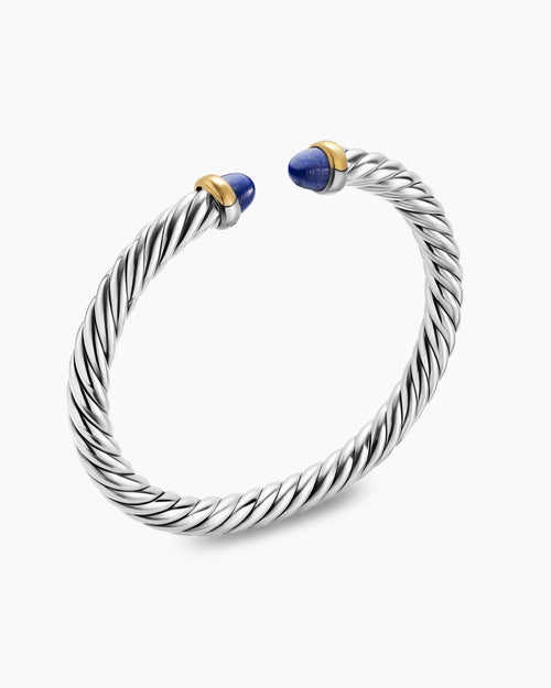 Womens Cable Flex® Bracelet in Sterling Silver with 14K Yellow Gold and Lapis, 6mm