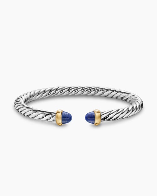 Womens Cable Flex® Bracelet in Sterling Silver with 14K Yellow Gold and Lapis, 6mm