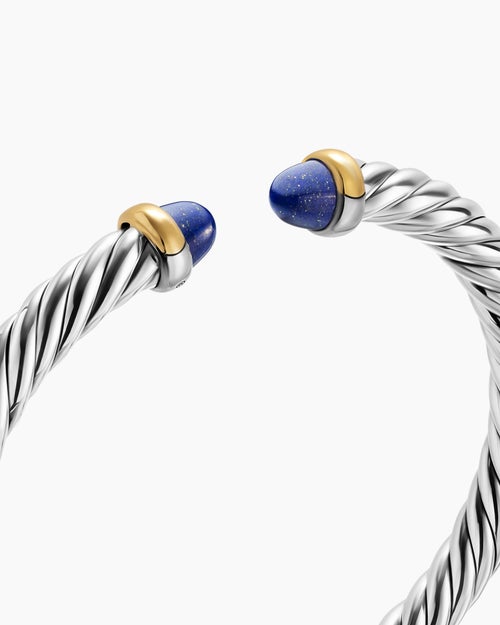 Womens Cable Flex® Bracelet in Sterling Silver with 14K Yellow Gold and Lapis, 6mm
