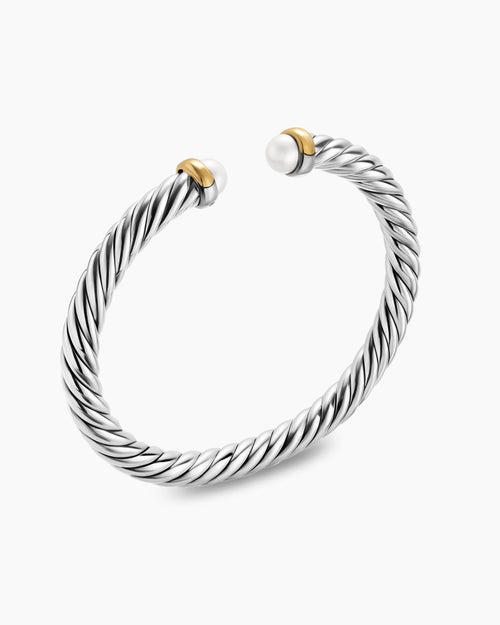 Womens Cable Flex® Bracelet in Sterling Silver with 14K Yellow Gold and Pearls, 6mm