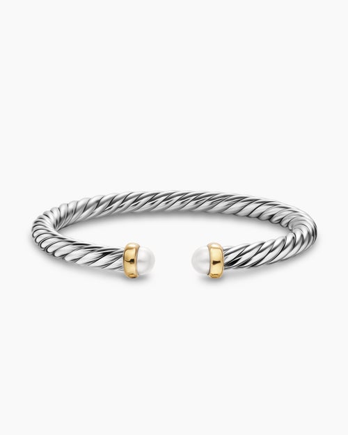 Womens Cable Flex® Bracelet in Sterling Silver with 14K Yellow Gold and Pearls, 6mm