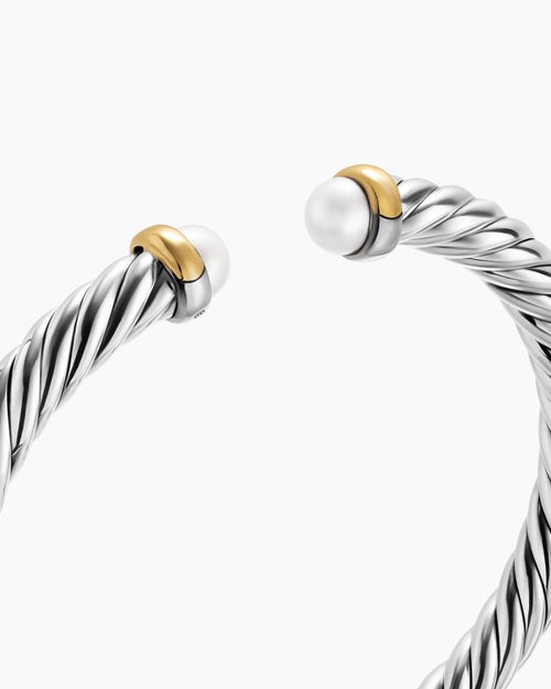 Womens Cable Flex® Bracelet in Sterling Silver with 14K Yellow Gold and Pearls, 6mm