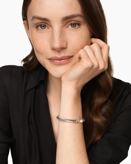 Cable Flex® Bracelet in Sterling Silver with 14K Yellow Gold and Pearls, 6mm