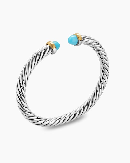 Womens Cable Flex® Bracelet in Sterling Silver with 14K Yellow Gold and Turquoise, 6mm