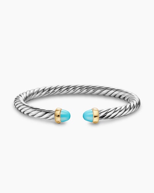 Womens Cable Flex® Bracelet in Sterling Silver with 14K Yellow Gold and Turquoise, 6mm