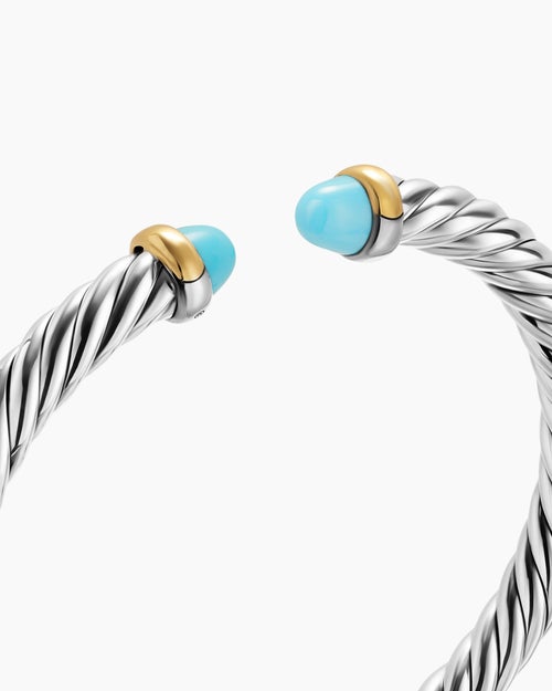 Womens Cable Flex® Bracelet in Sterling Silver with 14K Yellow Gold and Turquoise, 6mm