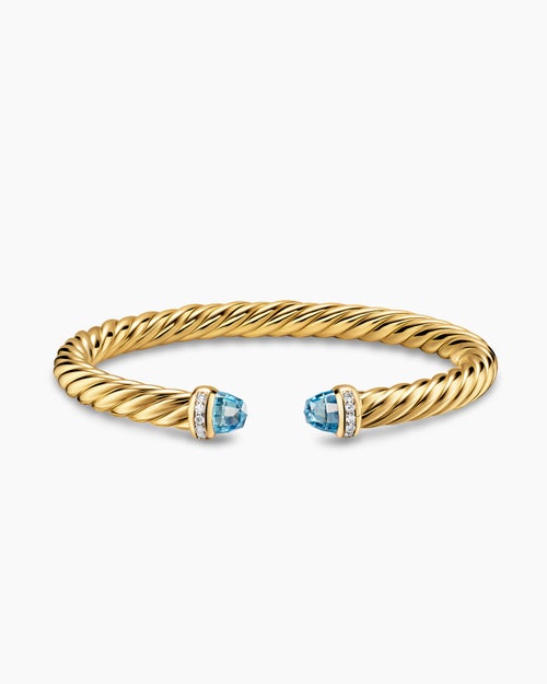 Womens Cablespira® Flex Bracelet in 18K Yellow Gold with Blue Topaz and Diamonds, 6mm