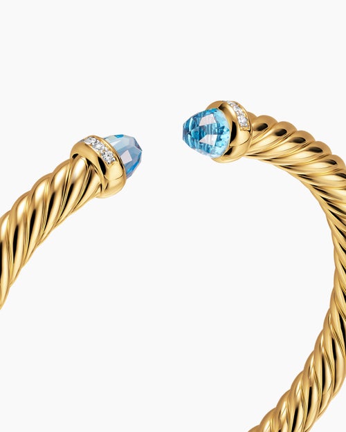 Womens Cablespira® Flex Bracelet in 18K Yellow Gold with Blue Topaz and Diamonds, 6mm