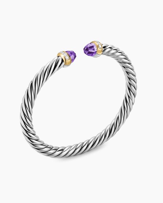 Bracelet Cable Flex® en argent massif avec or jaune 14 carats, améthyste et diamants, 6 mm