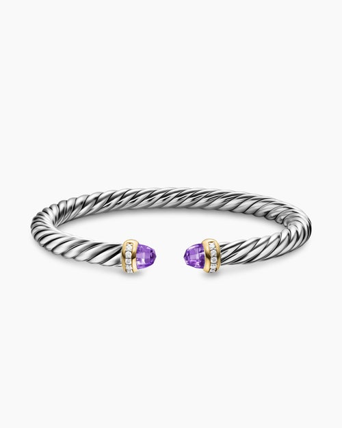 Womens Cable Flex® Bracelet in Sterling Silver with 14K Yellow Gold, Amethyst and Diamonds, 6mm
