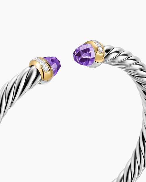 Womens Cable Flex Bracelet in Sterling Silver with 14K Yellow Gold and Diamonds, 6mm