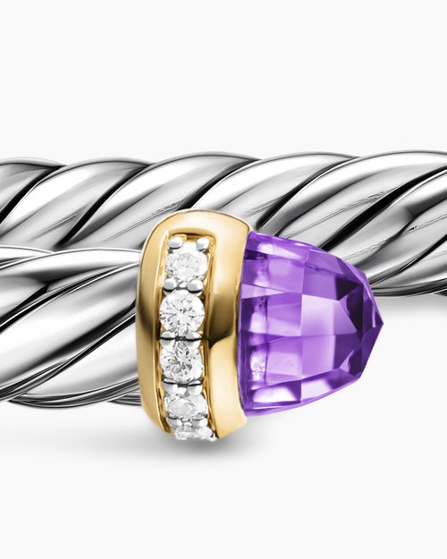 Womens Cable Flex® Bracelet in Sterling Silver with 14K Yellow Gold, Amethyst and Diamonds, 6mm