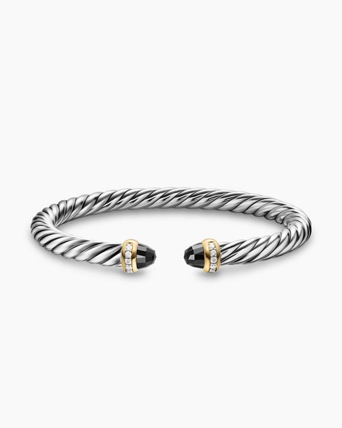 Womens Cable Flex® Bracelet in Sterling Silver with 14K Yellow Gold, Black Onyx and Diamonds, 6mm
