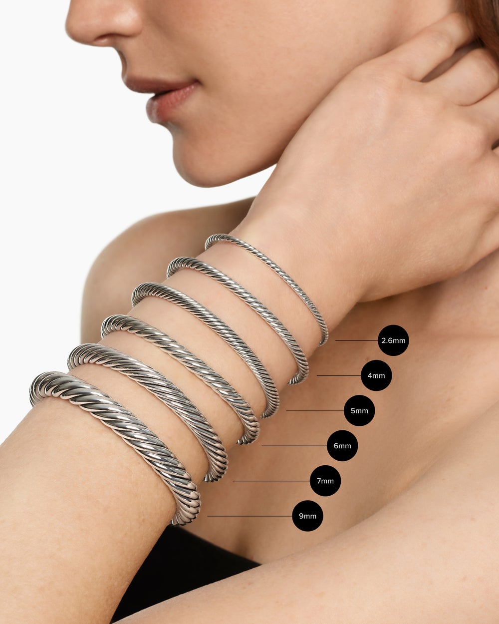 Womens Cable Flex Bracelet in Sterling Silver with 14K Yellow Gold and Diamonds, 6mm