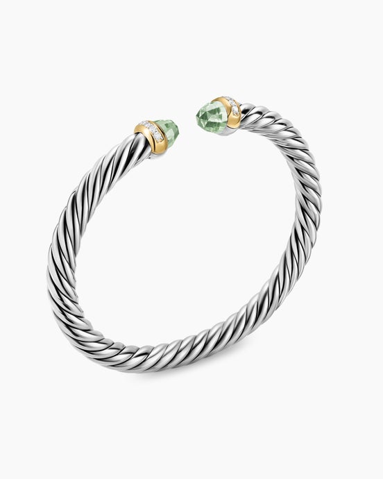 Cable Flex® Bracelet in Sterling Silver with 14K Yellow Gold, Prasiolite and Diamonds, 6mm