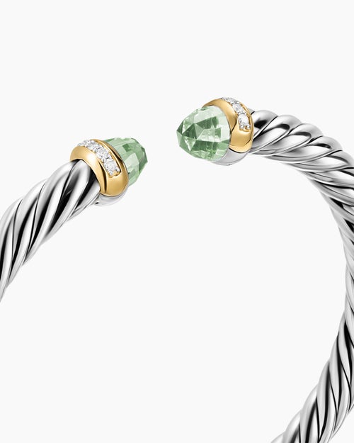 Bracelet Cable Flex® en argent massif avec or jaune 14 carats, prasiolite et diamants, 6 mm
