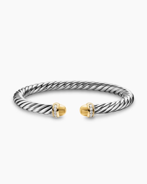 Womens Cable Flex Bracelet in Sterling Silver with 14K Yellow Gold and Diamonds, 6mm