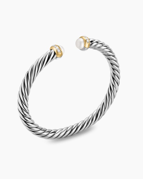 Womens Cable Flex Bracelet in Sterling Silver with 14K Yellow Gold and Diamonds, 6mm