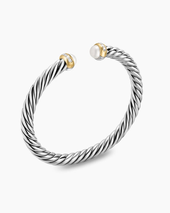 Cable Flex® Bracelet in Sterling Silver with 14K Yellow Gold, Pearls and Diamonds, 6mm