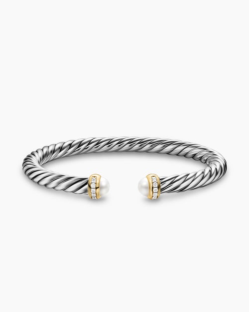 Womens Cable Flex Bracelet in Sterling Silver with 14K Yellow Gold and Diamonds, 6mm