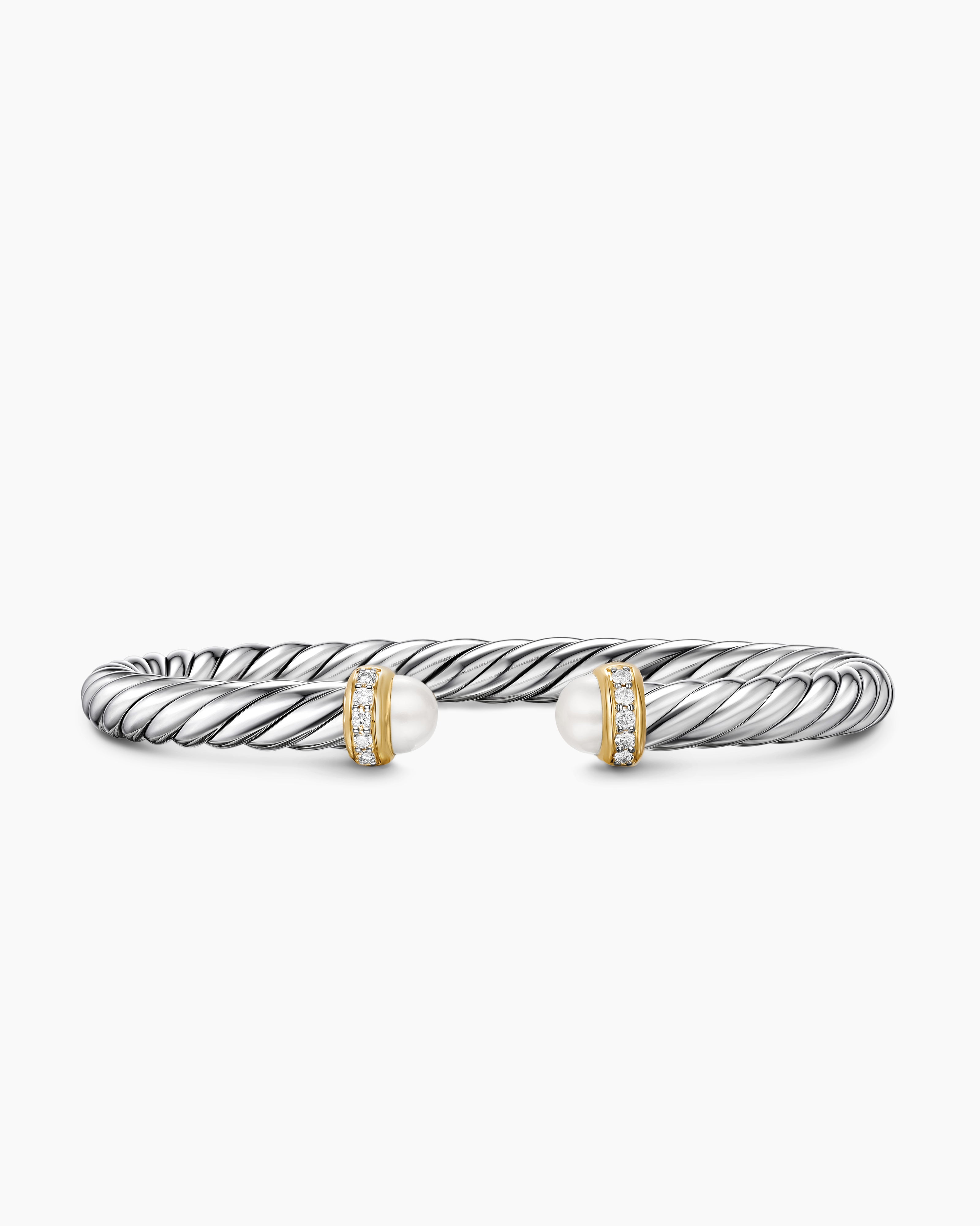 Cable Flex Bracelet Sterling Silver with 14K Yellow Gold, Pearls and Diamonds, 6mm