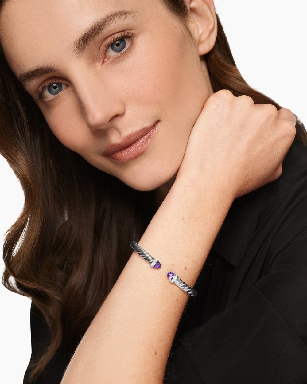 Womens Cable Flex Bracelet in Sterling Silver with Diamonds, 6mm