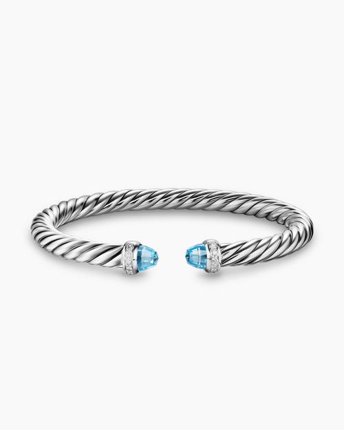 Womens Cable Flex® Bracelet in Sterling Silver with Blue Topaz and Diamonds, 6mm