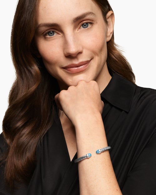 Womens Cable Flex® Bracelet in Sterling Silver with Blue Topaz and Diamonds, 6mm