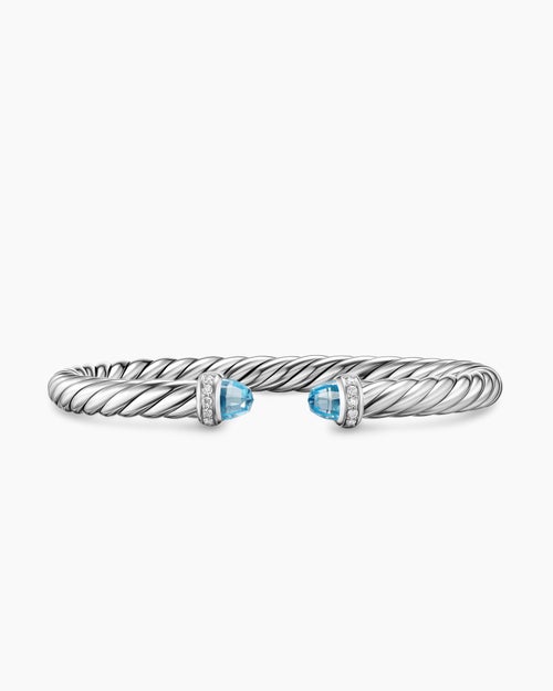 Womens Cable Flex® Bracelet in Sterling Silver with Blue Topaz and Diamonds, 6mm