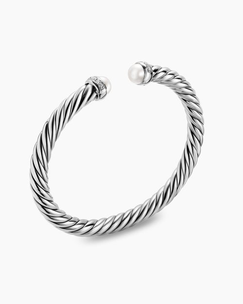 Womens Cable Flex® Bracelet in Sterling Silver with Pearls and Diamonds, 6mm