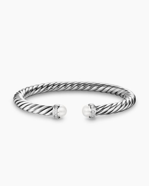 Womens Cable Flex® Bracelet in Sterling Silver with Pearls and Diamonds, 6mm