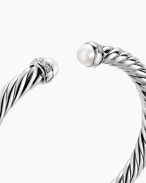 Womens Cable Flex® Bracelet in Sterling Silver with Pearls and Diamonds, 6mm