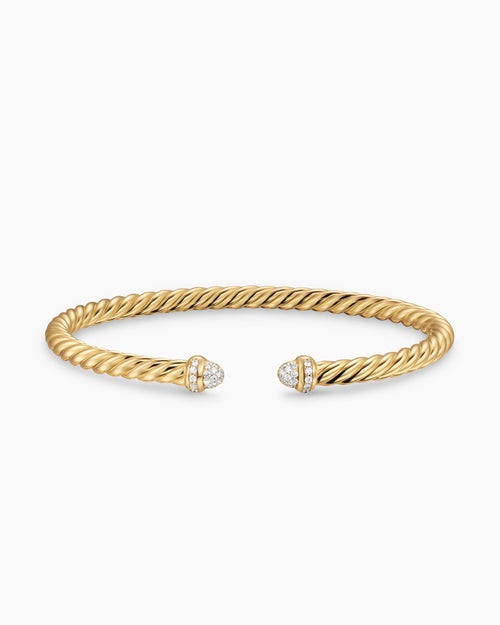Womens Cablespira Flex Bracelet in 18K Yellow Gold with Pavé Diamond Domes, 4mm