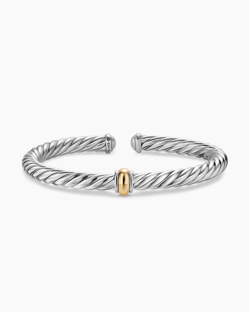 Womens Cable Flex Center Station Bracelet in Sterling Silver with 14K Yellow Gold, 6mm