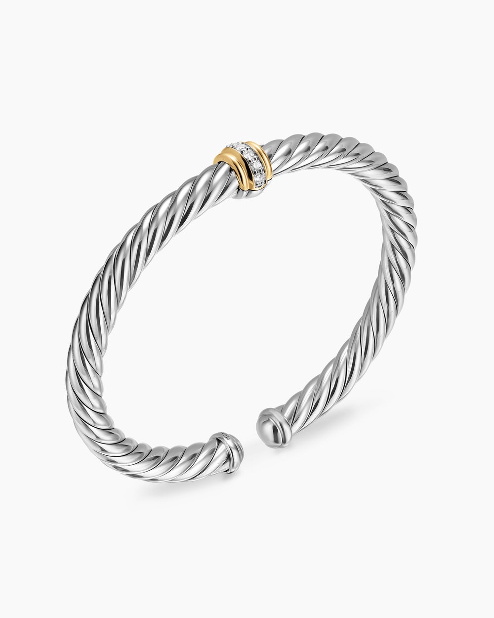 Womens Cable Flex Center Station Bracelet in Sterling Silver with 14K Yellow Gold and Diamonds, 6mm