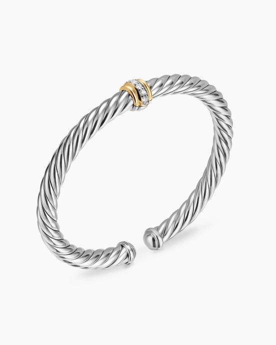 Cable Flex® Center Station Bracelet in Sterling Silver with 14K Yellow Gold and Diamonds, 6mm