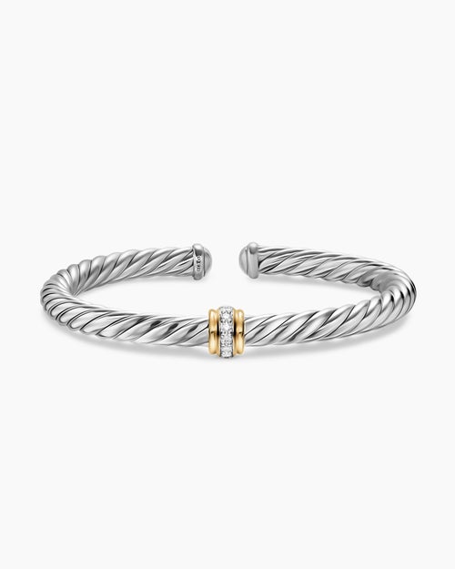 Womens Cable Flex Centre Station Bracelet in Sterling Silver with 14K Yellow Gold and Diamonds, 6mm