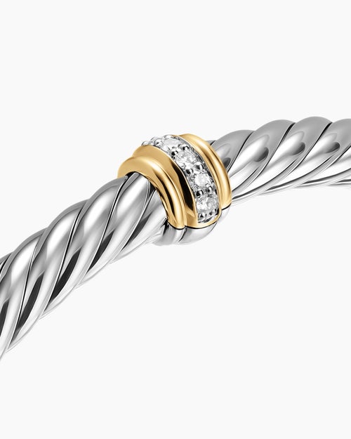 Womens Cable Flex Centre Station Bracelet in Sterling Silver with 14K Yellow Gold and Diamonds, 6mm