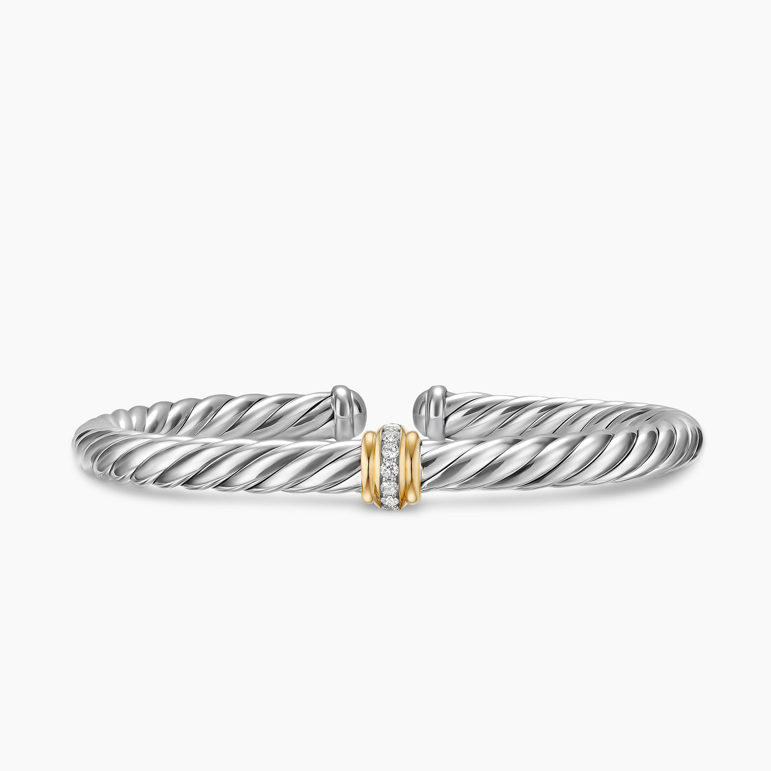 Womens Cable Flex Center Station Bracelet in Sterling Silver with 14K Yellow Gold and Diamonds, 6mm